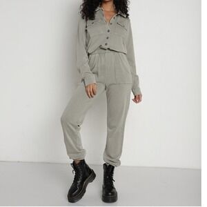 Z Supply Cadet Cargo Jumpsuit Sage Green Cotton French Terry Utility Jogger Sz L